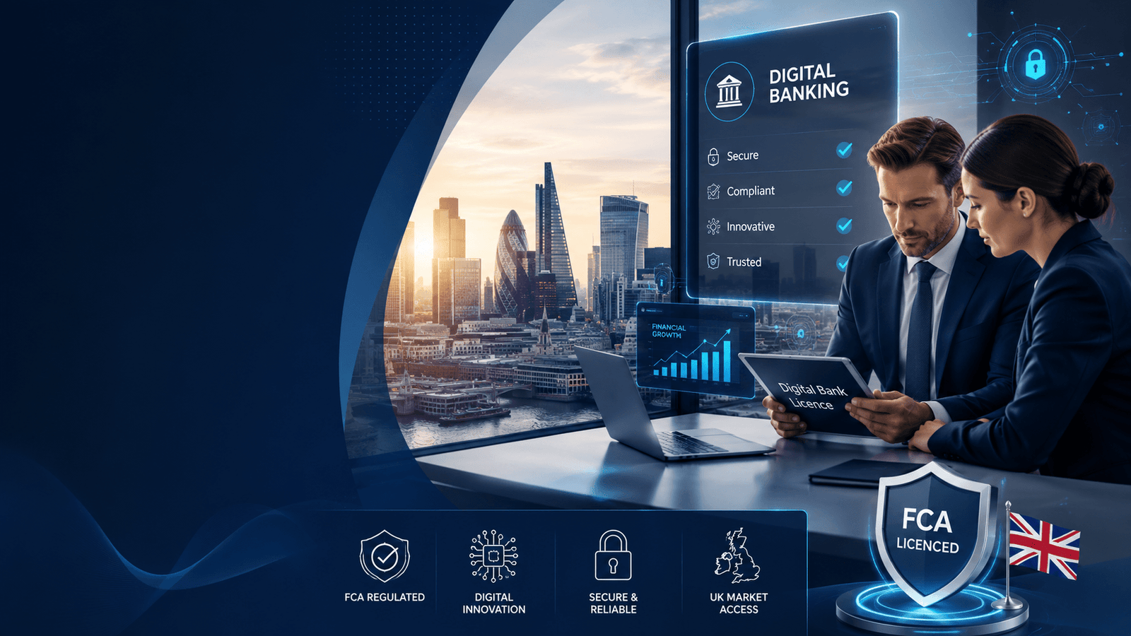 Professional Digital Bank Licence UK consultancy featuring FCA compliance, fintech experts, secure digital banking technology, and the London financial district