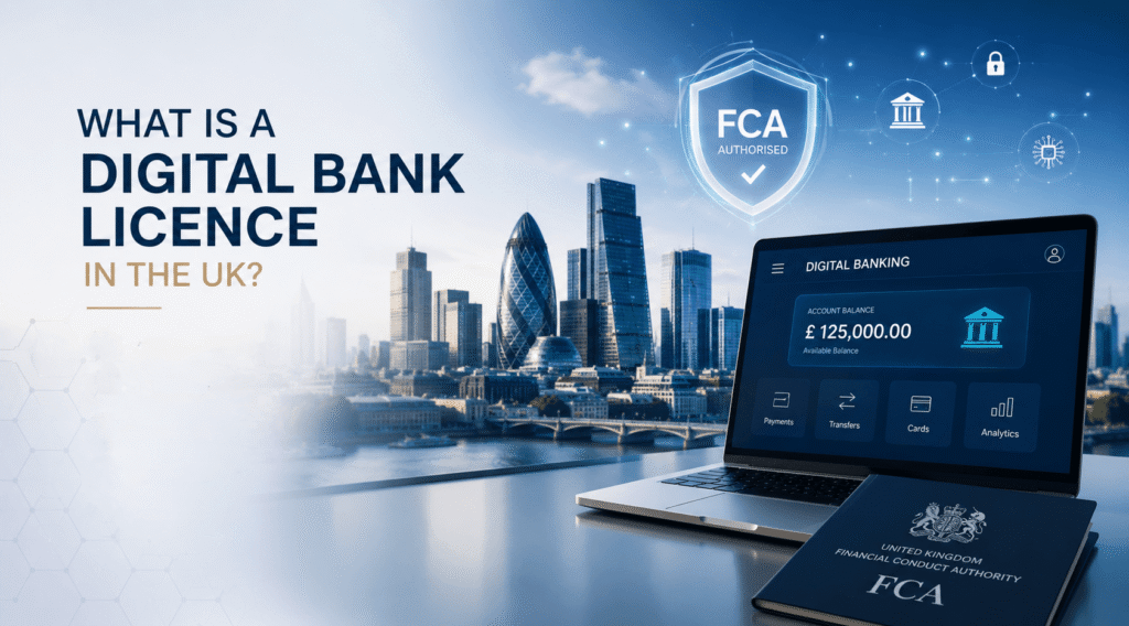 What is a Digital Bank Licence in the UK illustration featuring FCA authorisation, digital banking platform, London financial district, secure fintech technology, and UK banking regulation