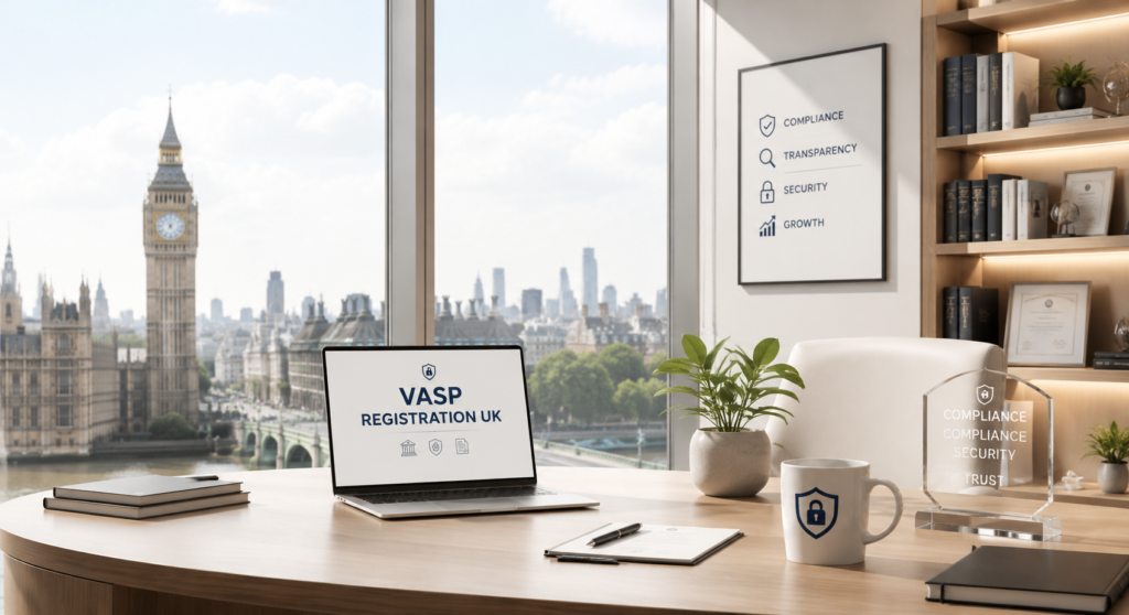Modern compliance office representing VASP Registration UK for crypto businesses
